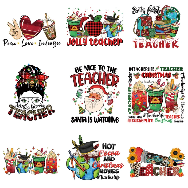 9piece Happy Teacher's Day Teacher Transfers Printing Iron On Patches For Clothing Press Transfer Words DIY Applique On Clothes