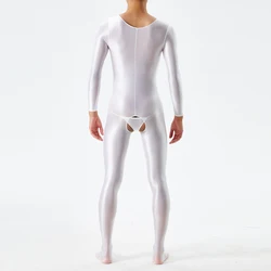 Men's Oil Glossy Bodystockings Long Sleeve Jumpsuits Crotchless Bodysuit Underwear Lingerie Man Nightwear