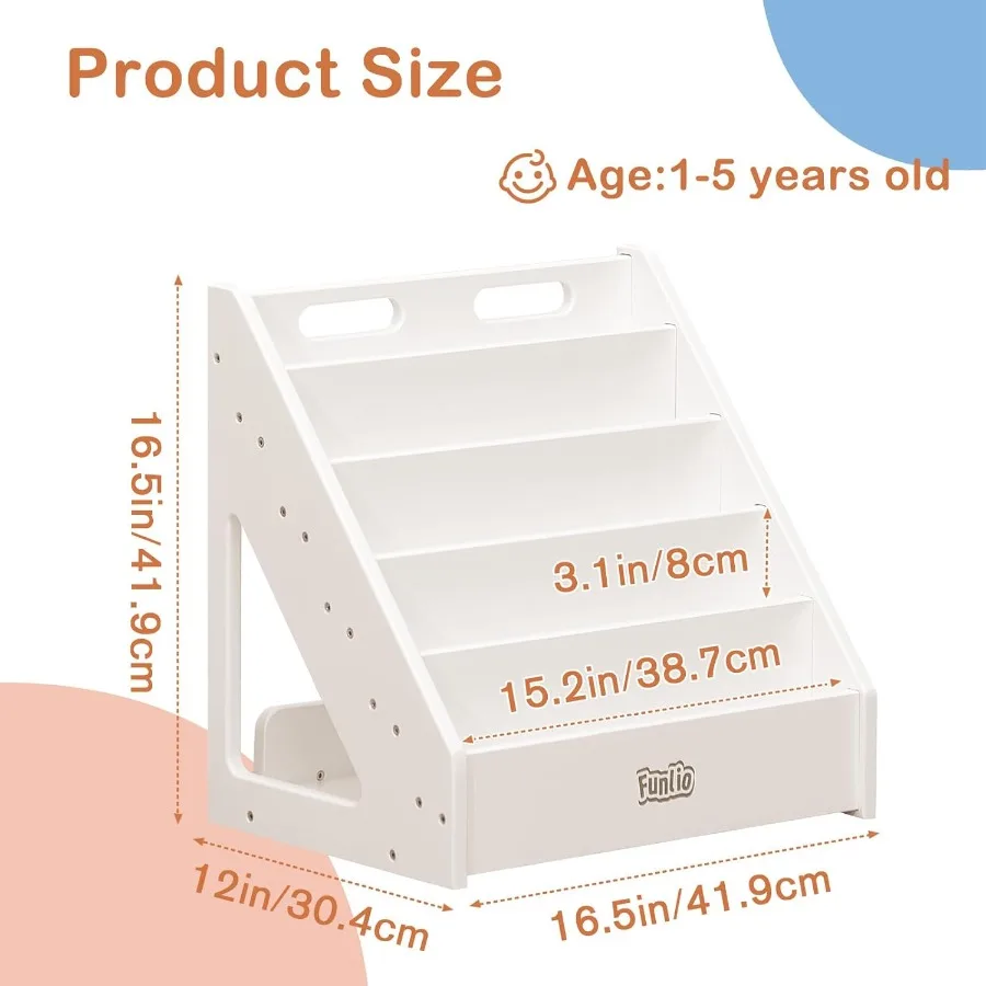 Rak Buku Menghadap Depan untuk Balita 15 Tahun dengan Pegangan dan Perangkat Anti-Tip, Rak Buku Premium dari Kayu Pinus Ideal untuk Kamar Bayi dan Anak