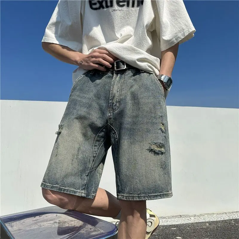 찢어진 데님 반바지 남성 여름 얇은 2025 신상 레트로 바지 루즈 트렌디 워싱 브랜드 큰 사이즈 배기 숏 반바지 남자
