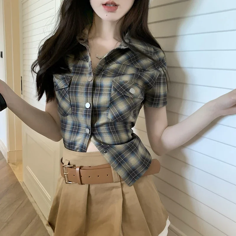 2025 Blusas Muje De Moda Summer Blouse for Women Slim Fit Vintage Plaid Shirts Short Sleeve Pocket Casual Blouses Tops Femme