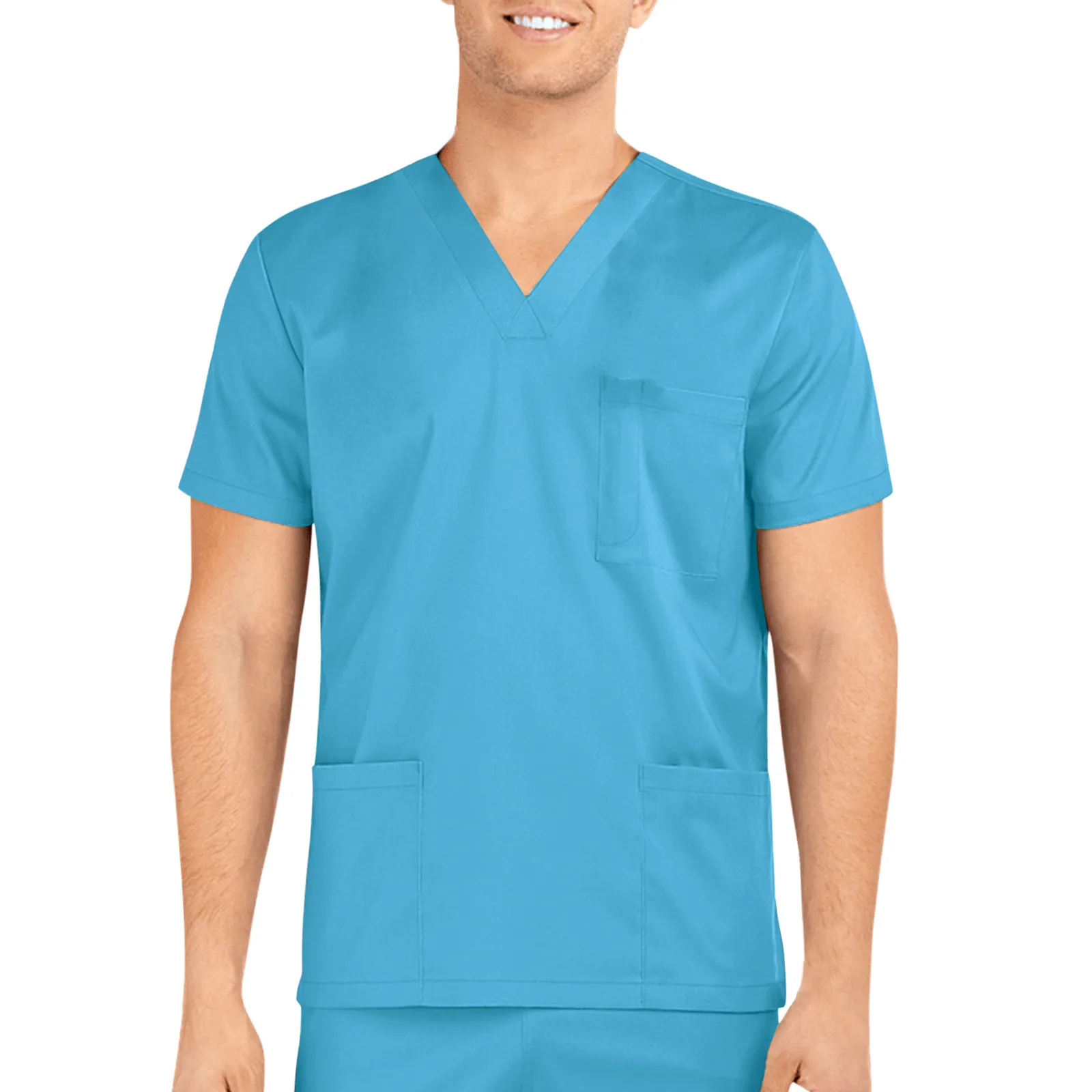 Medicals Uniforms Male Nurse Dockets Workwear Solid Color Short Sleeve V Neck Men T Shirts With Pocket Summer Breathable Clothes