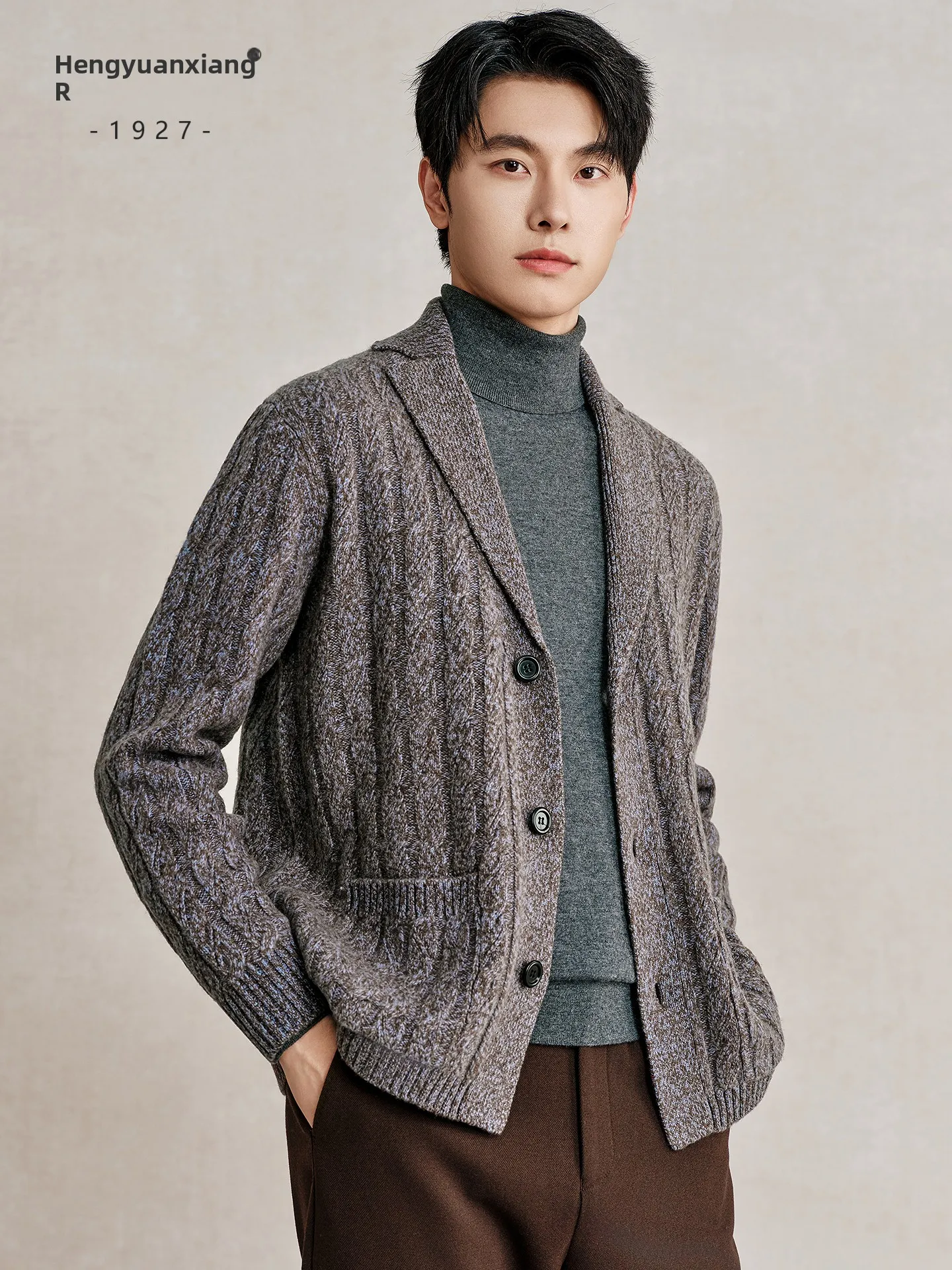 100% Wool Knitted Open Cardigan Men's Autumn Winter Fashion Urban Style Long Sleeve Thickened Coat with Pocket Plain Collar