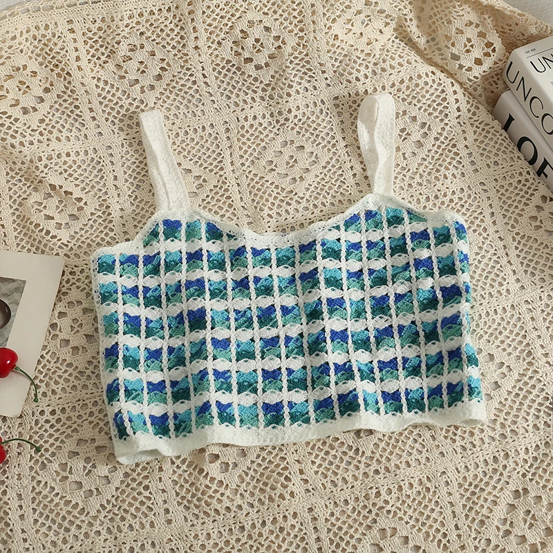 Pearl Diary Retro Square Short Sexy  Crop Tops Summer Fashion Sea Wave Shape Knitting Top Women All-Match Sleeveless Small Slin