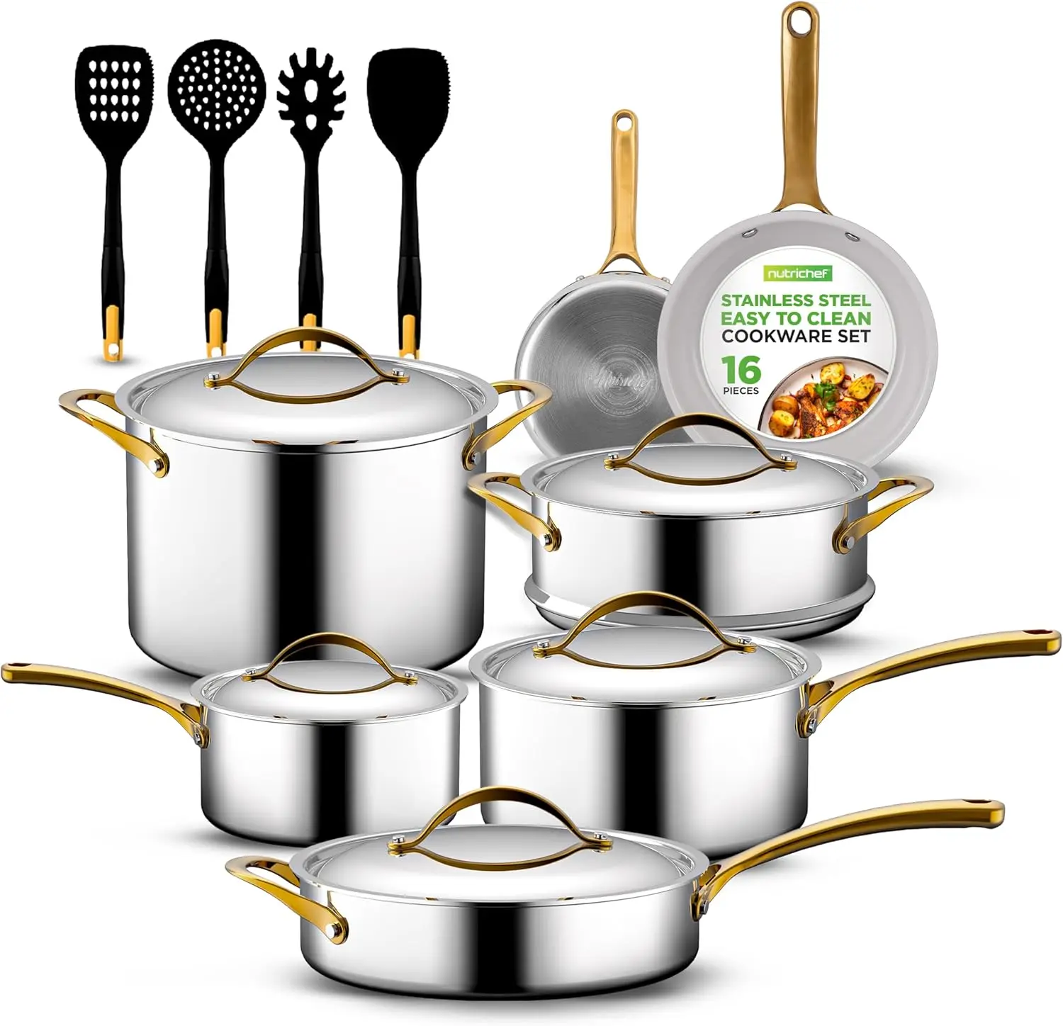 

16-Piece Stainless Steel Kitchenware - Pots & Pans Set Clad Kitchen Cookware with Nylon Utensils, Fry Pan Interior Coated with P