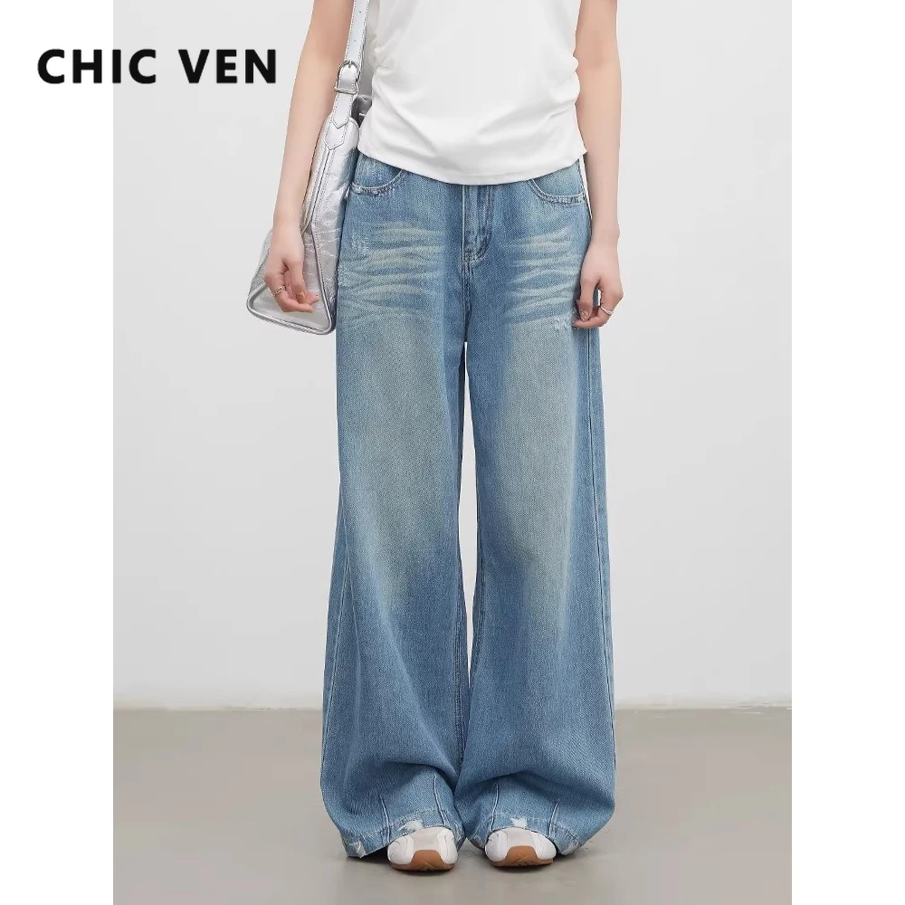

CHIC VEN New Women Jeans Blue New Loose Casual Vintage White Ripped Wide-leg Denim Pant Female Trousers Spring Summer 2026