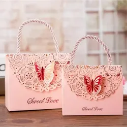 30pcs Blue purple Butterfly Flower Candy paper gift bag with handle Wedding favor Portable Gift paper Box wedding Party Favors
