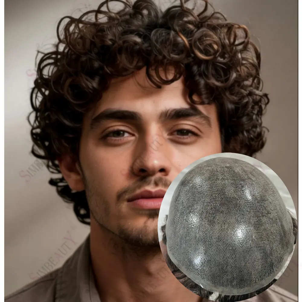 

Мужской парик-накладка 22 мм с кудрявым плетением, 100% натуральные человеческие волосы, серо-черный, на полной полиуретановой основе, система замещения волос для мужчин, капиллярный протез