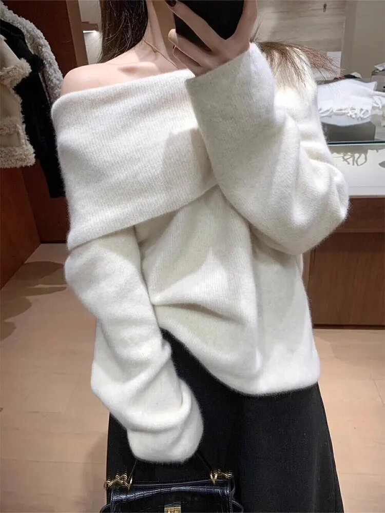 

White One-oulder Knitted Sweater Women's Autumn Winter Soft Cozy Overhead Sle Korean Loose Fit Long Sve Color