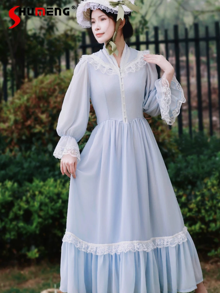 

French Court Vintage Dress Spring Autumn Women High Waist Slim Lace Sweet Lolita Long Sleeve Dress Cla Princess Tea Party Dress