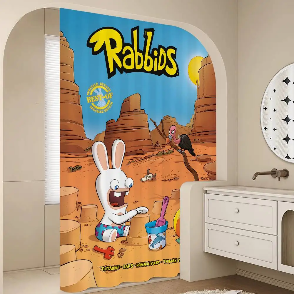 

Cartoon Raving Rabbids Game Bathroom Curtain Classic Anime Fabric Shower Curtain With 12 Hooks Waterproof Bathroom Decor