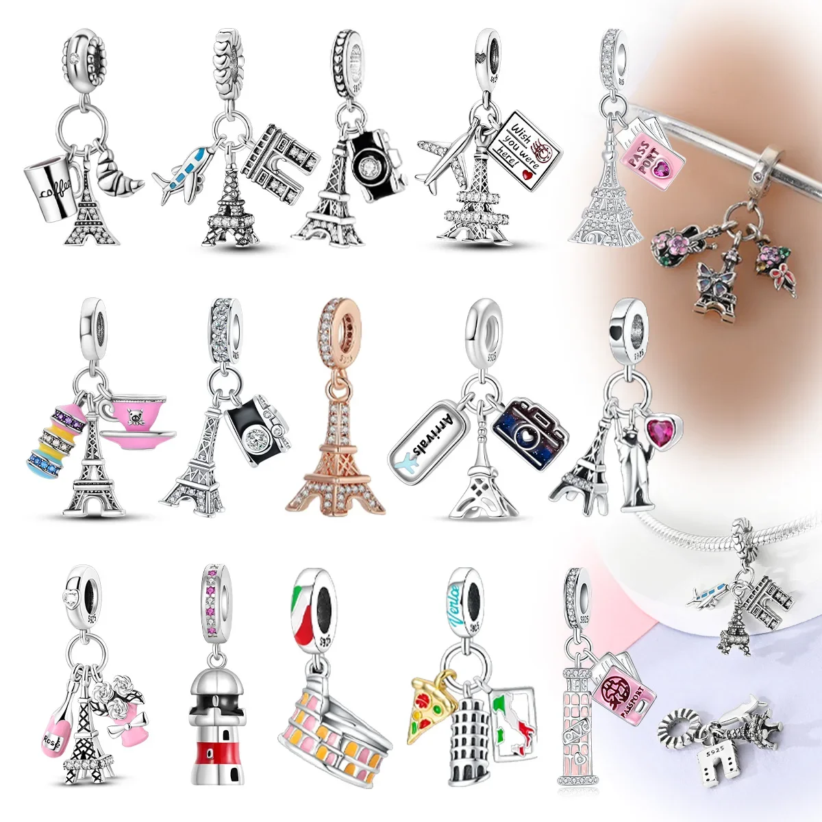 925 sterling silver Eiffel Tower pendant Lighthouse plane pendant charms fit original bracelet beads necklace Diy female jewelry