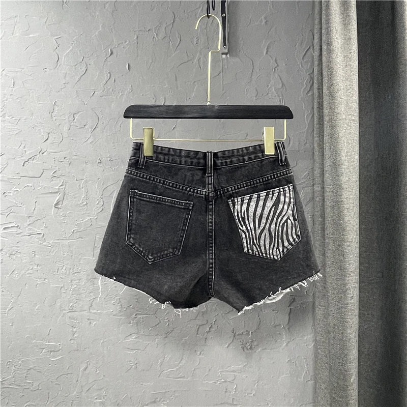 Fashion Women Denim Shorts Zebra-Stripe Pocket Ripped Hole Hot Pants Summer Raw Edge A-Line Casual Jean Shorts