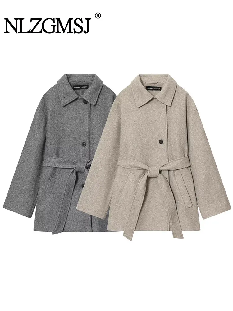 

NLZGMSJ Women's 2025 Autumn Winter Female Casual Warm Coat Solid Turn-Down Collar Long Sleeves Pockets Single-breasted Belt Coat