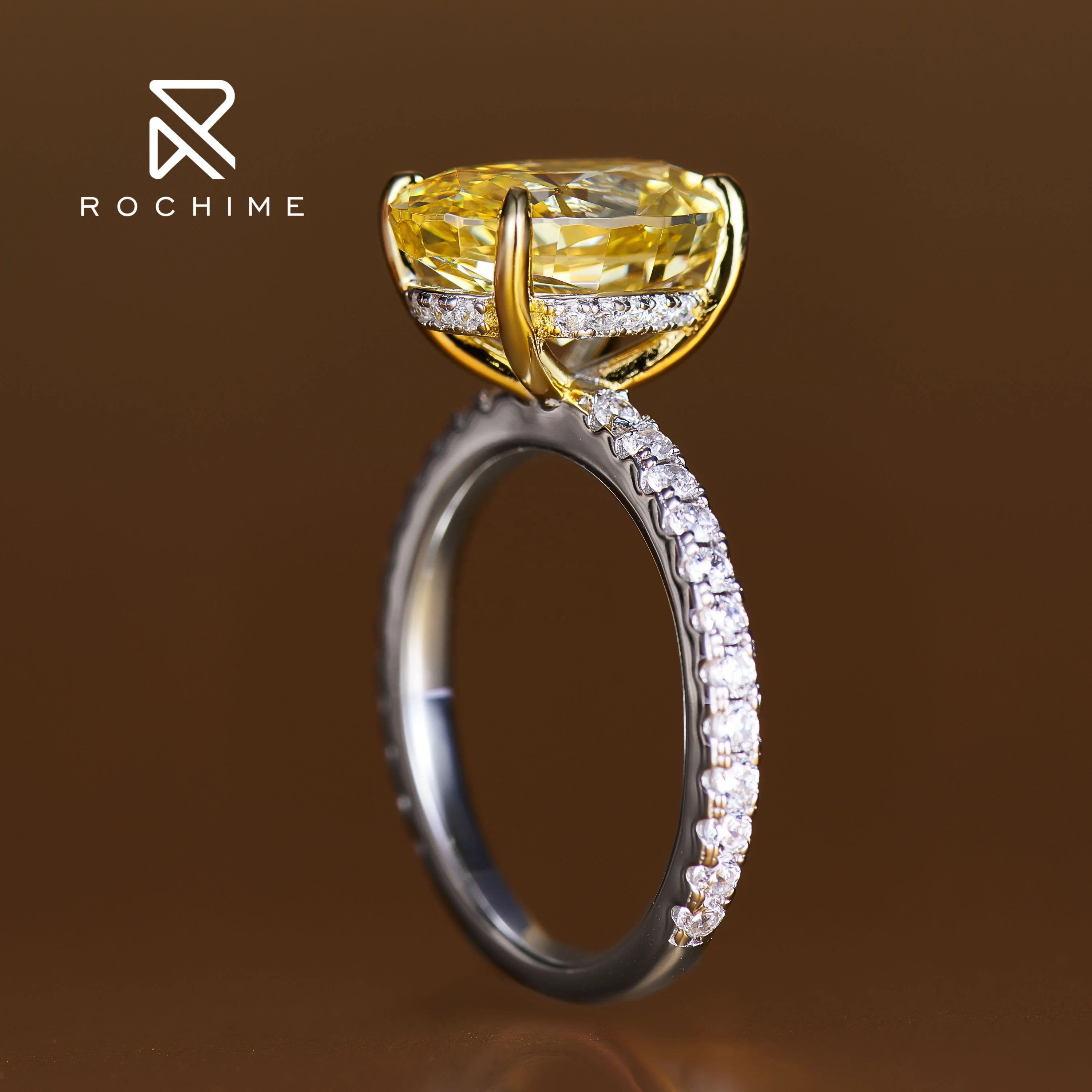 Rochime-anillo clásico de Plata de Ley 925 con forma ovalada, anillo de piedras preciosas amarillas, chapado en oro, joyería de circón 5a