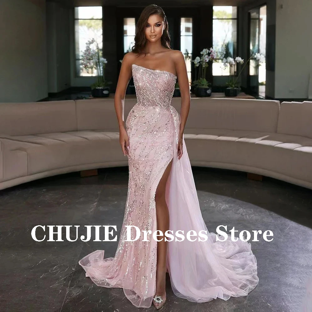 

Mermaid Luxury Evening Dresses With Beading Sequins Crystal Split Strapless Woman Wedding Formal Party Prom Gowns Robe De Soiree