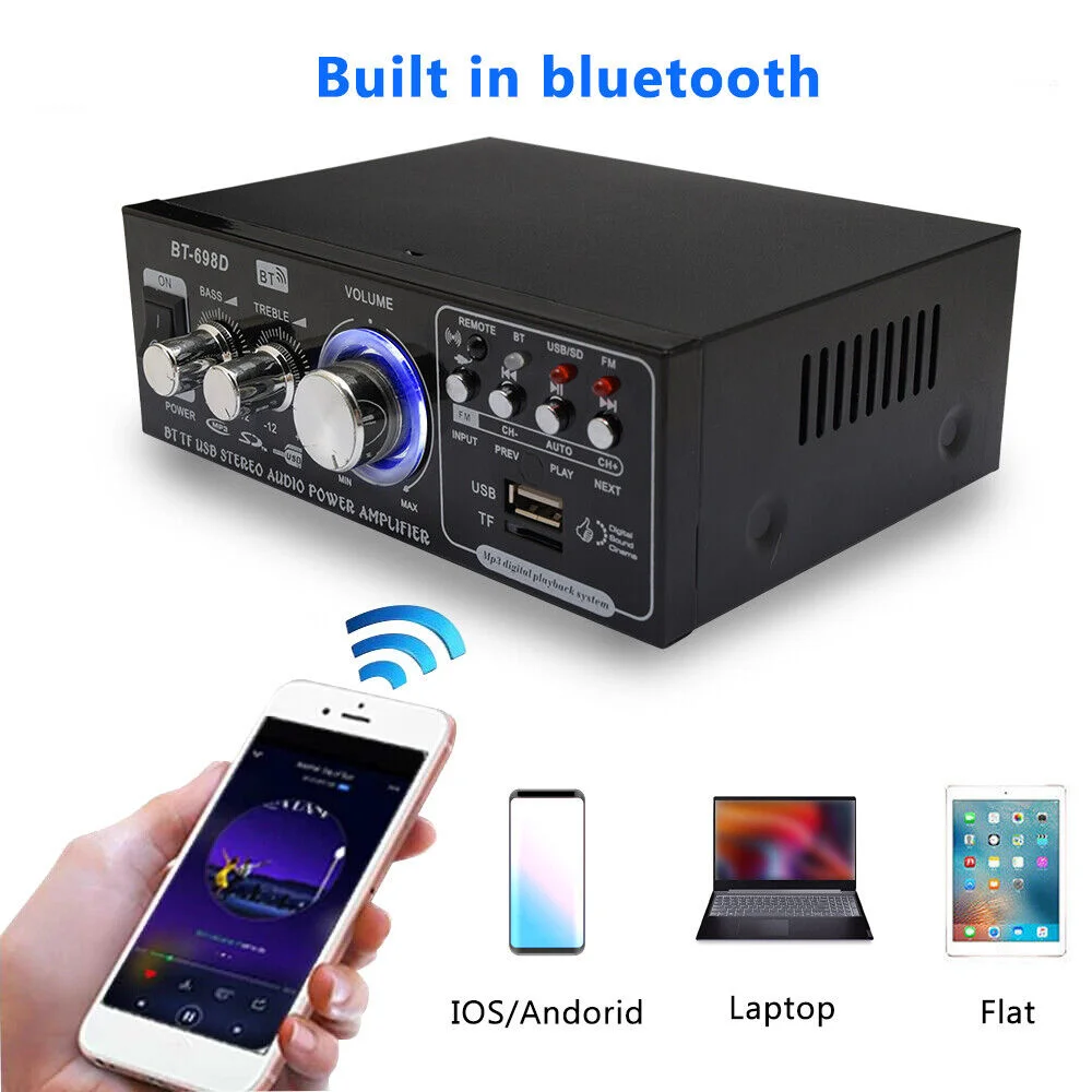 12V 110-220V 2 Channel HIFI Stereo Power Amplifier bluetooth FM Radio Car Home Audio Amplifier Amplificador With Remote Control