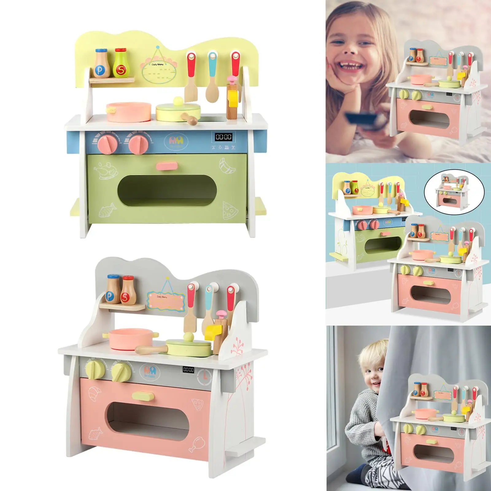 Wooden Play Kitchen with Turning Knobs, Phone, Gift for Kids Boys and Girls Ages 3+