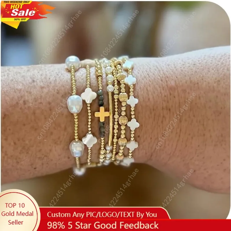 Dainty Cross Clover Gold Beaded Pearl Bracelet Stack for Women,Handmade Boho Gold Plated Beads Stretch Stackable Bracelets Fashi