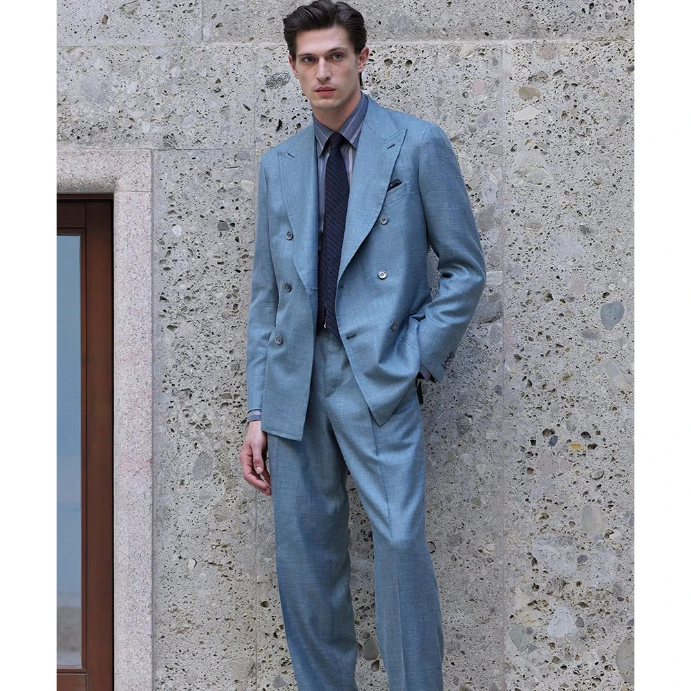 

Мужской двубортный голубой костюм, приталенный деловой офисный пиджак и брюки, деловой костюм для свадьбы, вечеринки, модный джентльменский костюм