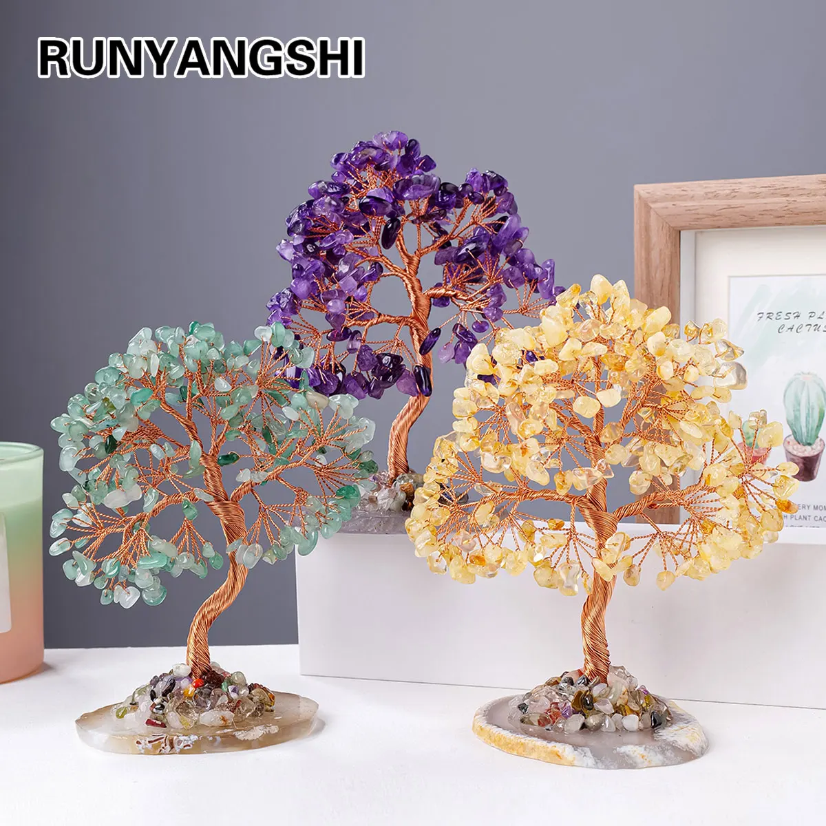 1PC Natural Crystal Lucky Tree Copper Wire Winding Colorful Gravel With Agate Slice Base Home Decoration Money Trees