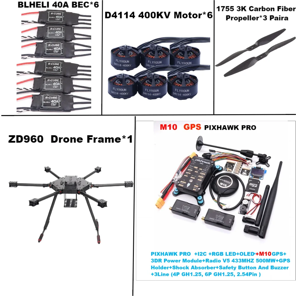 ZD960 PIXHAWK PRO M10 Full Carbon Fiber  Hexa-Rotor Frame BLHELI 40A ESC Flight Comtrol Rado Telemetry Set