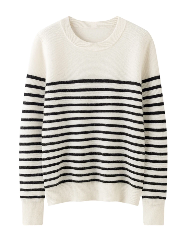 

TLOML Women's 100% Cashmere Sweater Autumn Winter O-Neck Striped Pullover Cashmere Knitwear Soft Warm Casual High Quality Tops