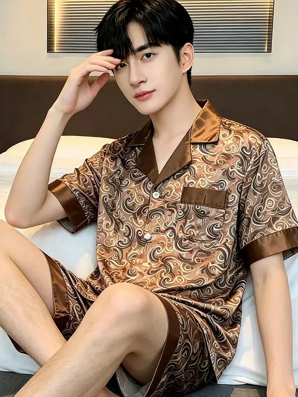 men's-summer-ice-silk-short-sleeve-sleepwear-thin-silk-material-home-clothes-short-pants-two-piece-set-large-size