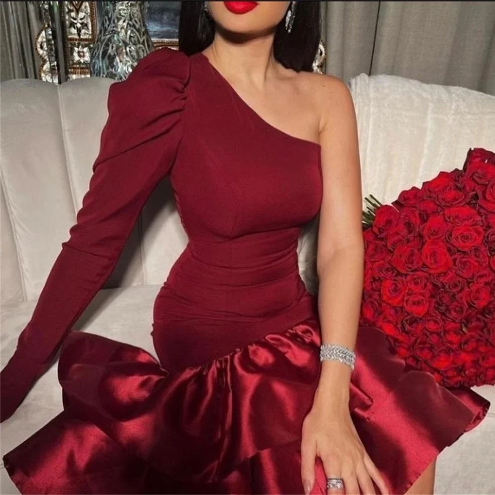Prom Dress Fashion One Shoulder Mermaid Pageant Dresses Knee-Length Long Sleeve Taffeta Formal Evening Gowns винтажное платье