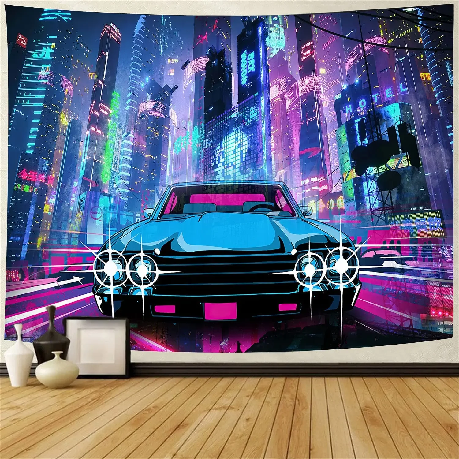 Retro Car Tapestry Punk City Japanese Neon City Tapestries 80x60Inch Night View Futuristic Cityscape Wall Hanging