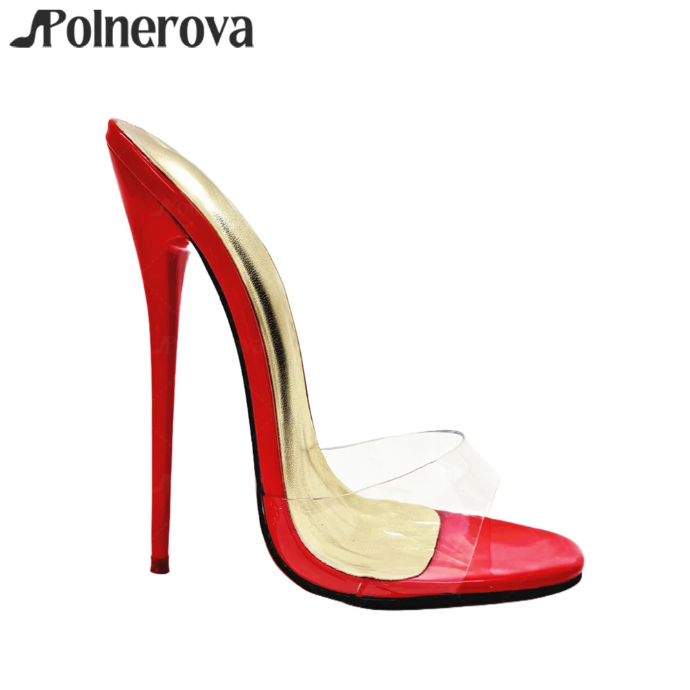 

16cm Lacquered Heel Mules Clear Pvc Sexy Slippers Sexy Style Slip-On Stilettos Peep Toe Patent Leather Summer Slippers for Women