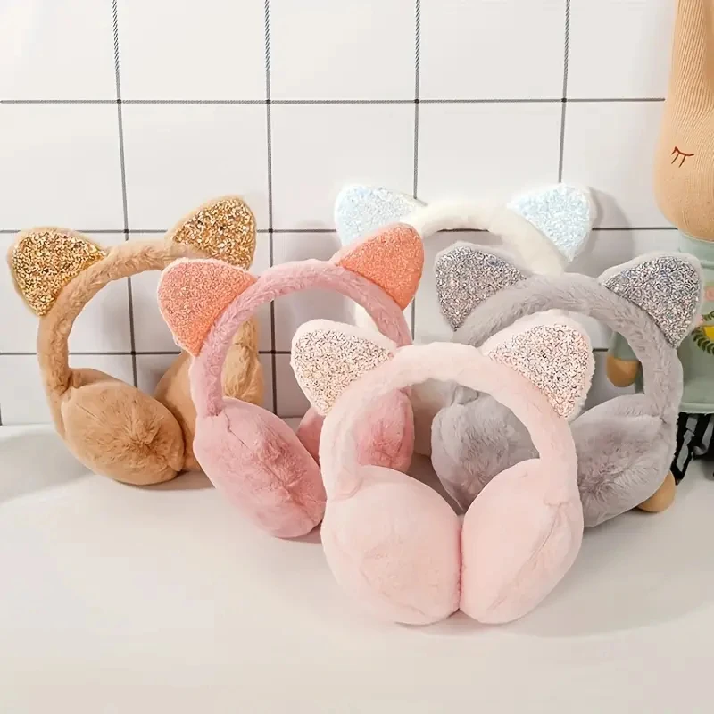Glitter Cat Ear Warm Earmuffs fot girls Plush Winter Warmers Fur Hang Ear Cover for Women Girl Earflap Cold Protection Ear Muffs