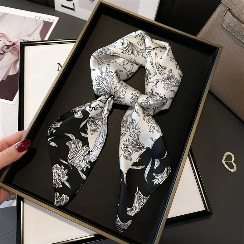 

Hot Luxury Fashion Print Silk Square Scarf Women Soft Satin Hairbands Neckerchief Tie Female Headband Foulard Bag Ribbon Black