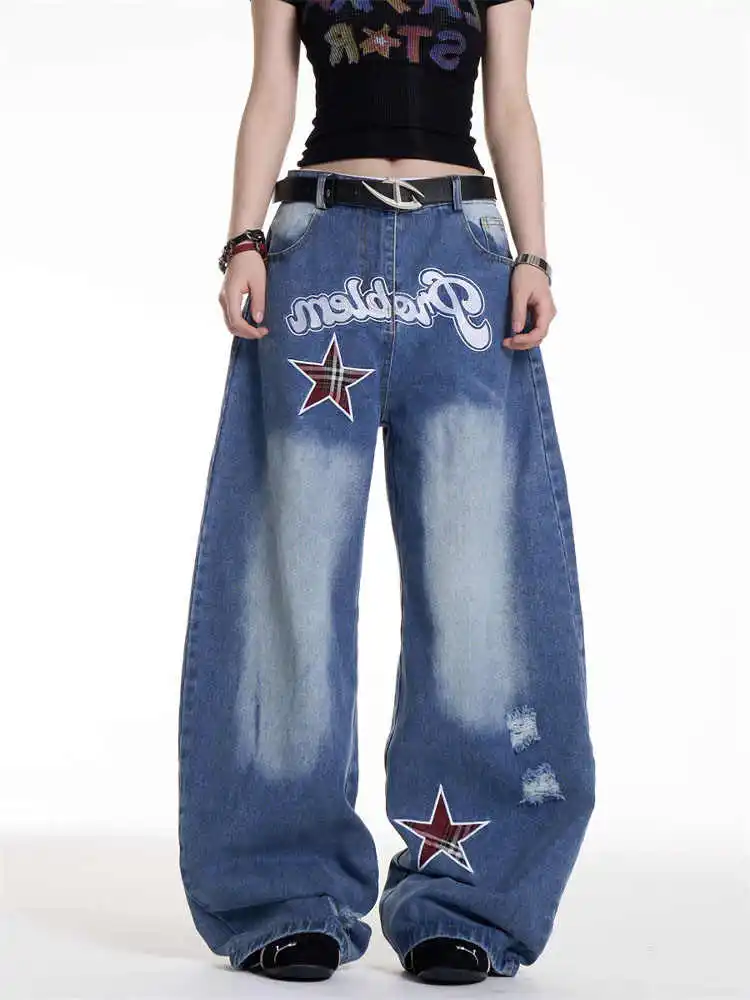 

Women Blue Y2k Baggy Star Jeans Harajuku Vintage Grunge Denim Trousers Japanese 2000s Style Ripped Jeans Pants Oversize Clothes