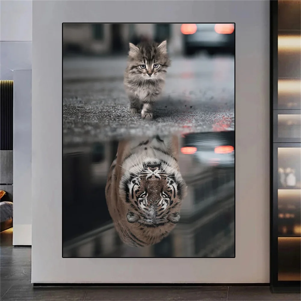 Lion Reflection Canvas Posters and Prints,Tiger in the Woods Wall Art,Abstract Animal Painting,Office Building,Living Room Decor