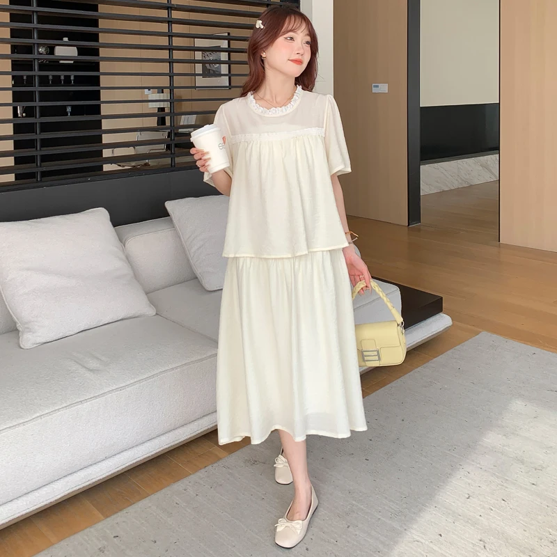 

Pregnant Women's Summer Dress Short Sleeve Ruffled Collar Faux Two Pieces Maternity Clothes Sweet Pregnancy Midi Dress Wholesale