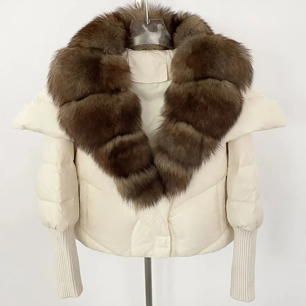 الموضة الحقيقية الطبيعية الثعلب الفراء طوق سترة منفوخة شتاء دافئ الأبيض بطة أسفل معطف المرأة سميكة ملابس خارجية غير رسمية قصيرة الفراء سترة #1