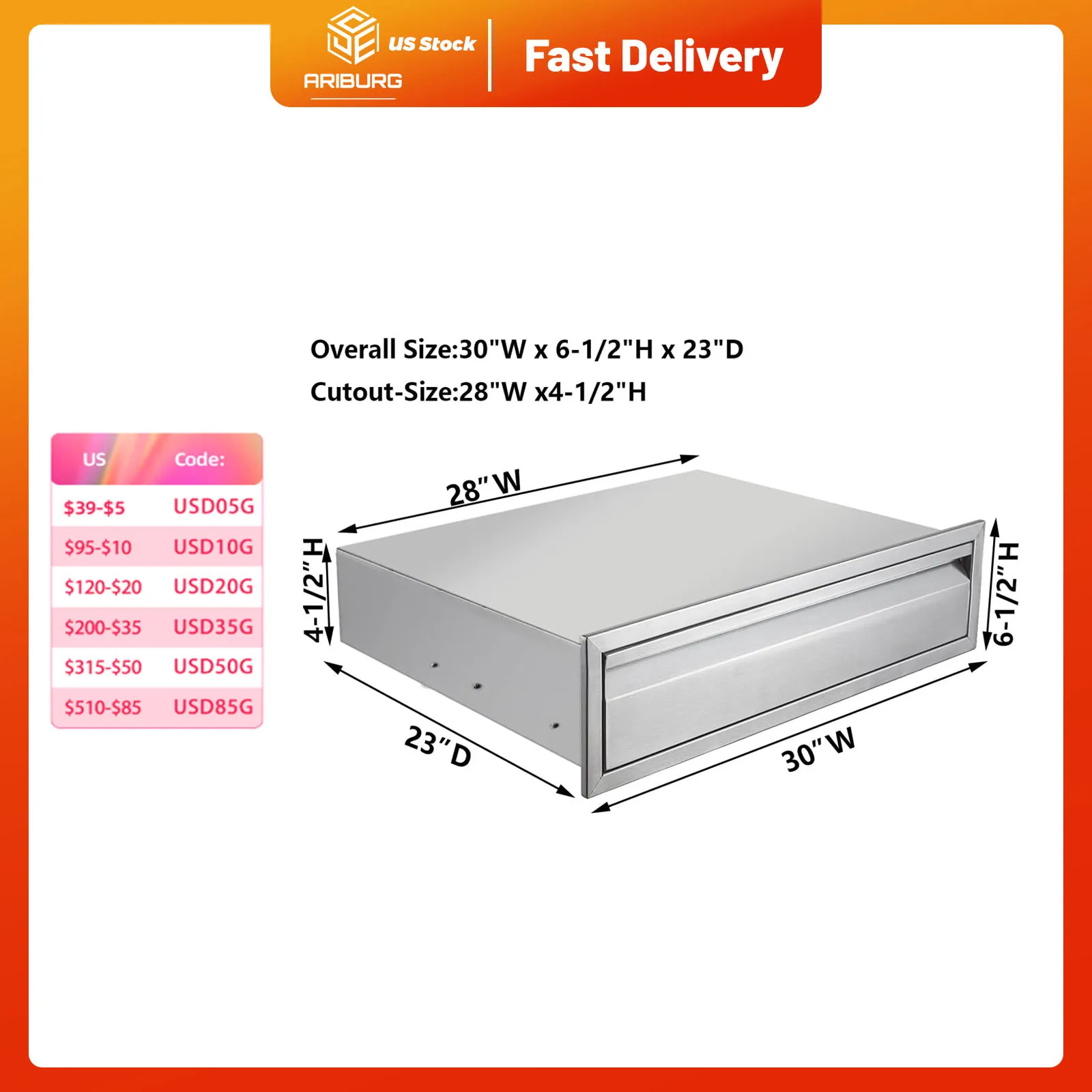 

30" W Outdoor Kitchen Drawer Stainless Steel BBQ Single Drawer Flush Mount for Outdoor Kitchen Island