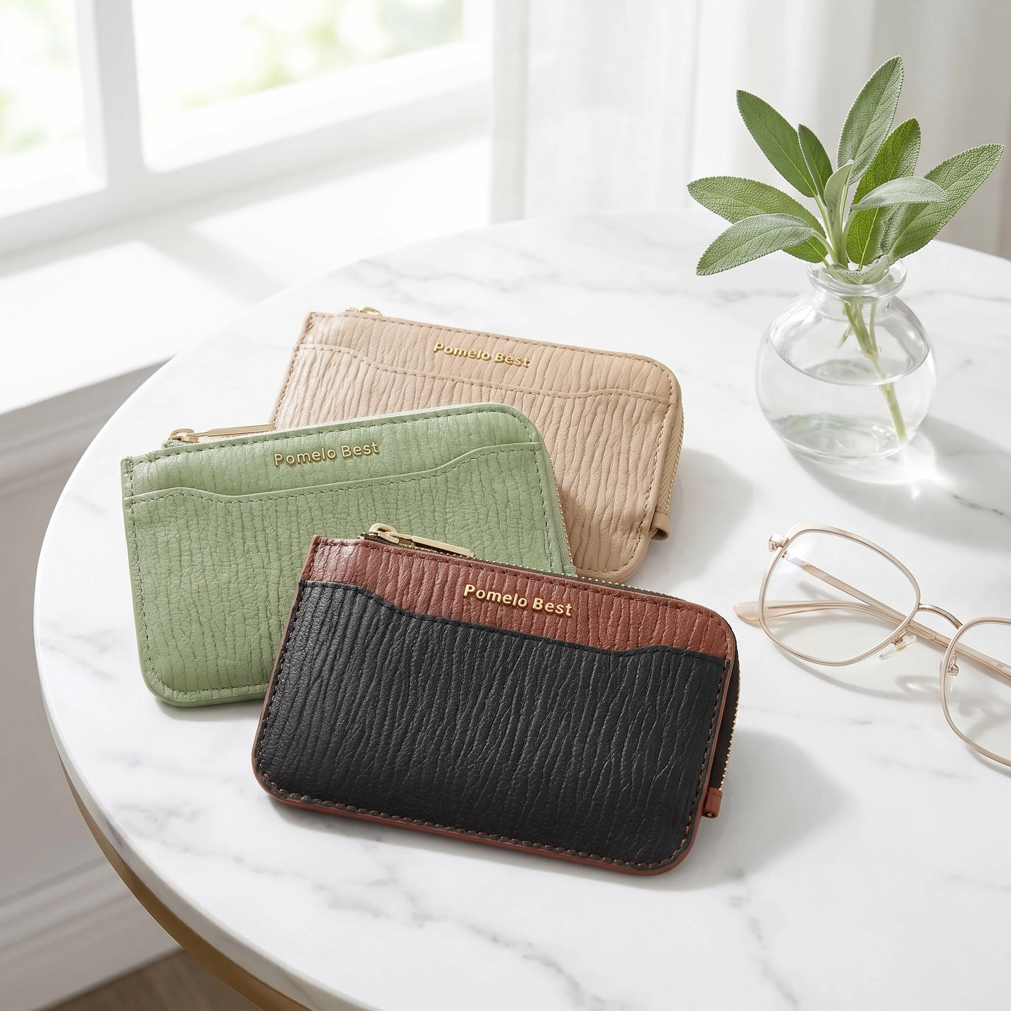 Pomelo Best Color Block Leather Zipper Card Holder Multi Card Slots Slim Mini Wallet for Women