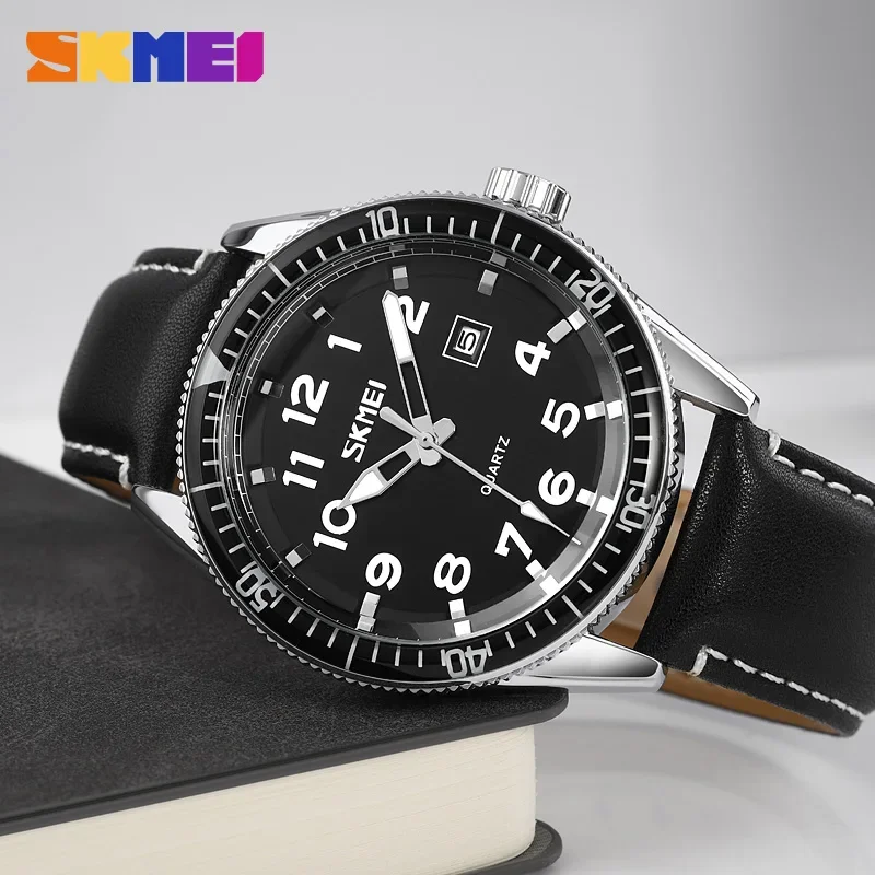 SKMEI-reloj deportivo de lujo para hombre, cronógrafo de cuarzo con correa de cuero, calendario, resistente al agua, esfera Simple, 9232