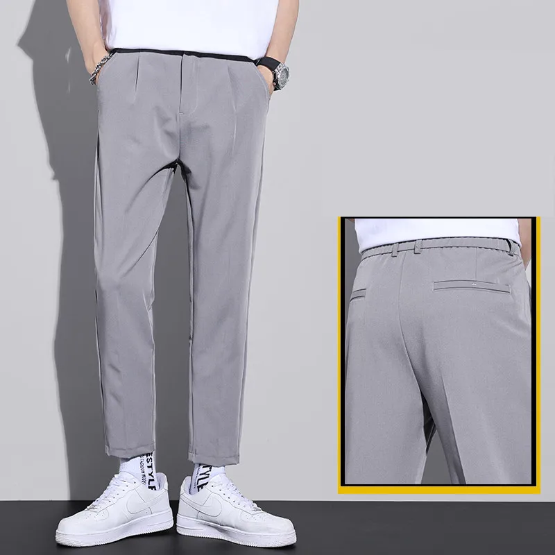 

Summer Thin Ice Silk Casual Pants Men's Korean Slim Elastic Straight Sleeve Pants Business Casual Pants Black Gray