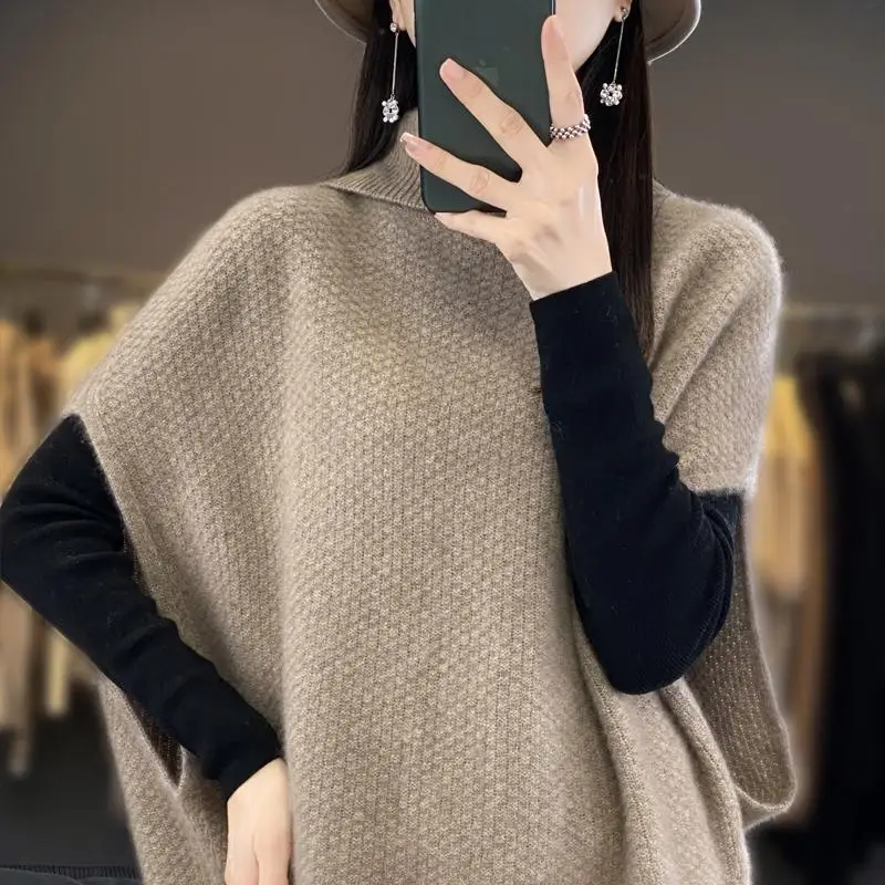 Female Clothing Korean Sweater Vest Casual Loose Batwing Sleeve Autumn Winter Turtleneck Basic Solid Color Chic Knitted Jumpers