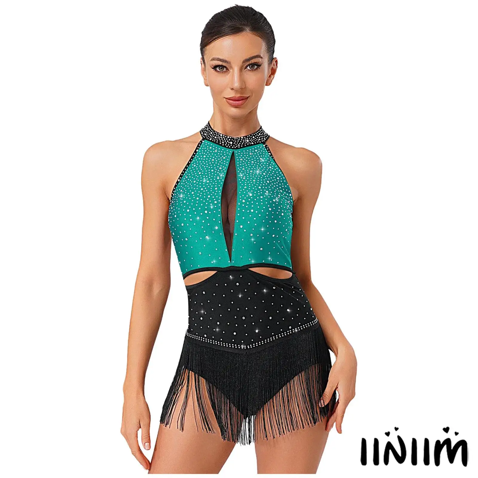 

Women Latin Jazz Dance Leotard Rhinestone Tassel Skirt Bodysuit for Latin Rumba Samba Cha Cha Stage Show Costume Latin Dancewear