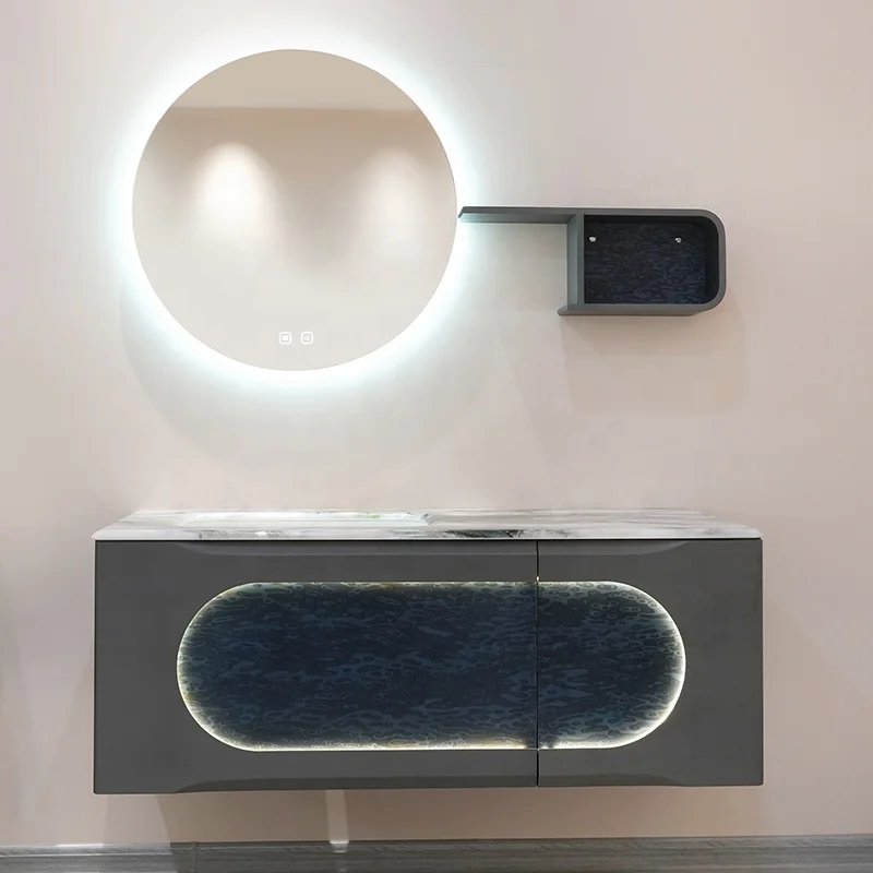 

Modern slate solid wood bathroom vanity cabinet smart light mirror basin bathroom cabinet bathroom vanity