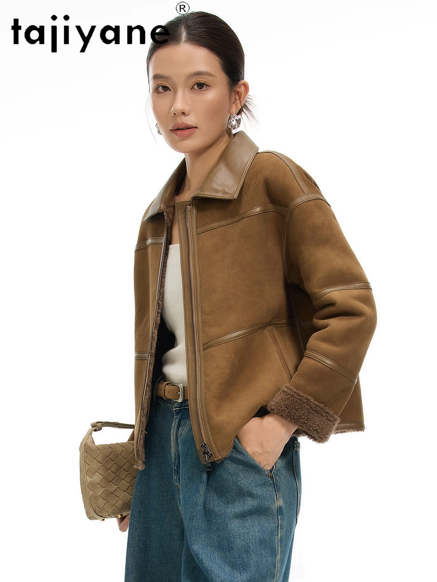 TAJIYANE صوف ميرينو الطبيعي جلد الغنم مزدوج الوجه الفراء معطف قصير امرأة أنيقة سترات من الفرو الحقيقي الشتاء ملابس حريمي 2025 schuba