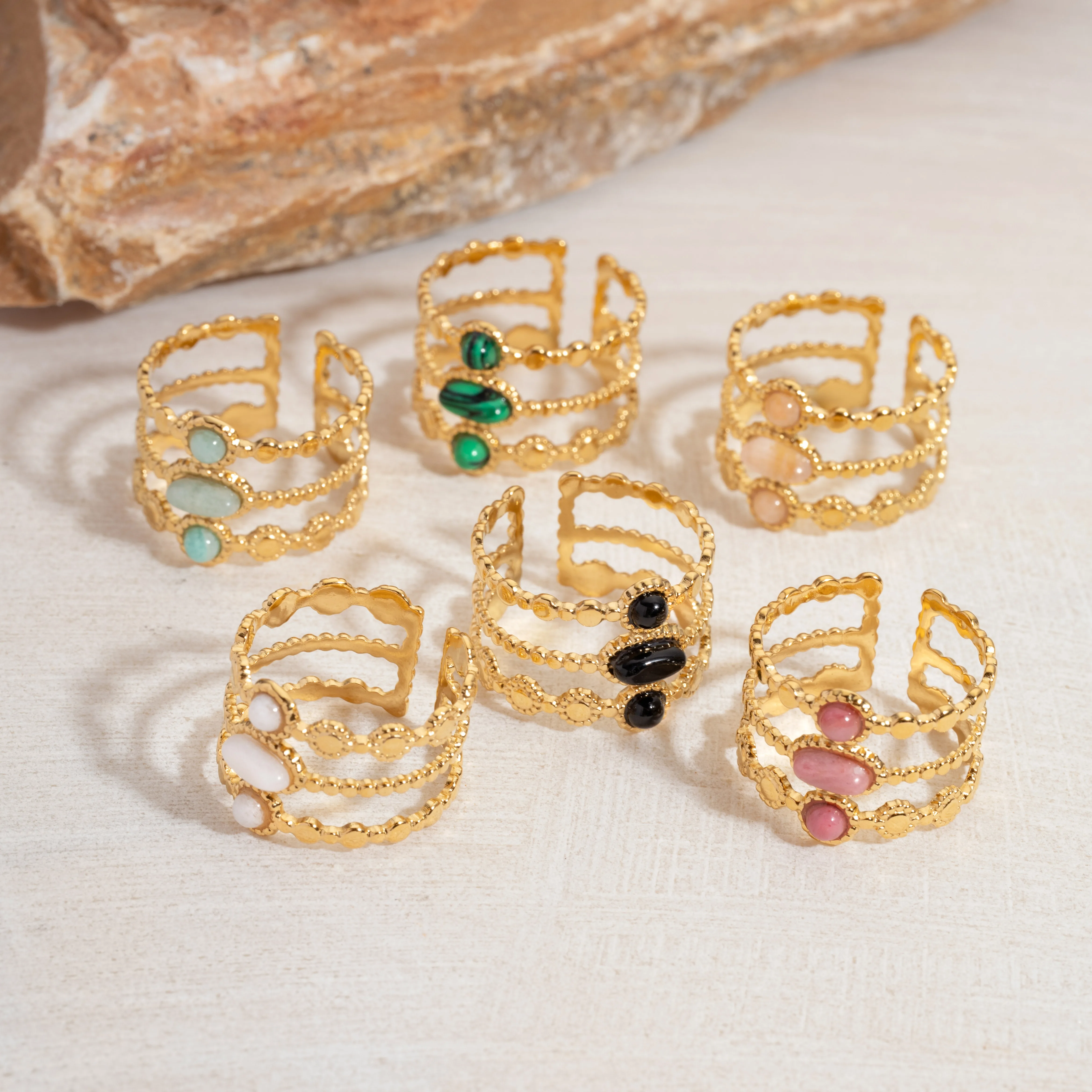 Bague émeraude en acier inoxydable pour femme, pierre naturelle, tendance atmosphérique rétro, ouverture réglable, matiques Boho