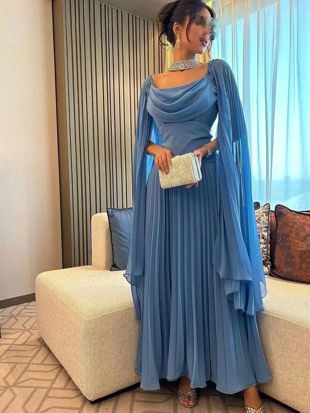 Robe de Soirée en Mousseline de Soie pour Femme, Tenue Romantique, Bleu, Ligne A, Arabie Saoudite, Plissée, Longueur Formelle, Invitée de Mariage, 2024