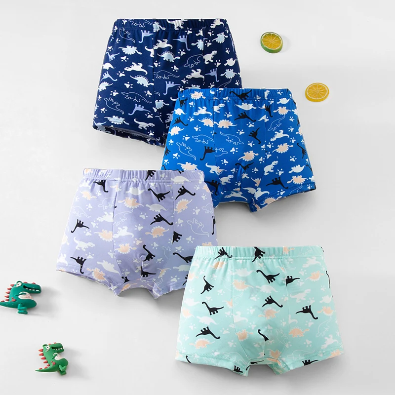 4 piezas de ropa interior con estampado de dinosaurio colorido y divertido para niños, pantalones cortos cómodos Joker para niño, pantalones de casa con cintura elástica, pijamas