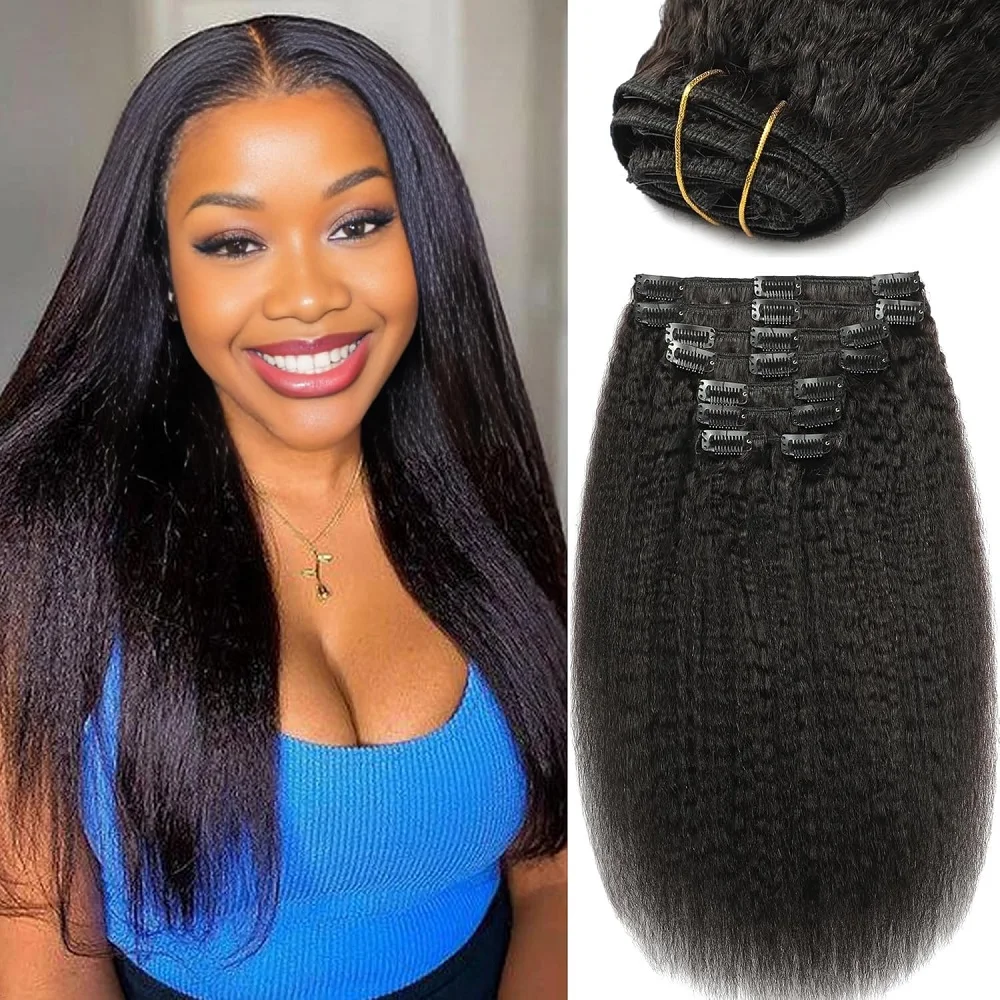 

100% настоящие человеческие волосы Kinky Straight Invisi Edge Seamless Clip in Hair Extensions 100 г Натуральные черные 24-дюймовые человеческие волосы для женщин