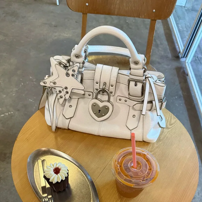 Street Style Women's Handbag Summer 2026 Heart Lock Clutch Bag Rivet Belt Decoration Commuter Crossbody Bag Single Shoulder